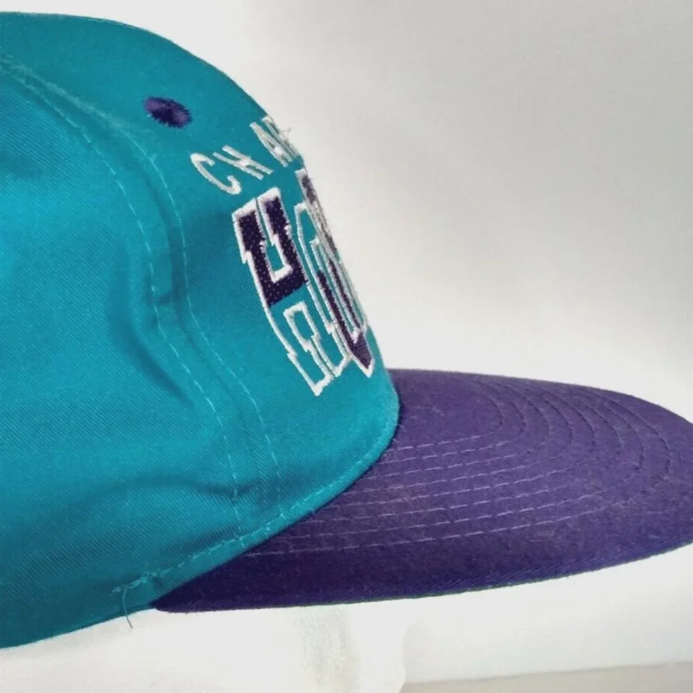Vtg Charlotte Hornets Snapback Hat Block Letters NBA Product Teal Purple Adjust